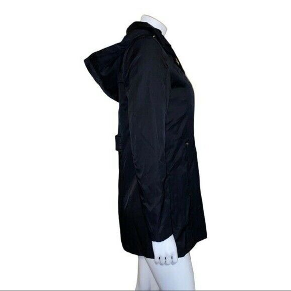 Jones New York Gold Turn Lock Button Hooded Black Raincoat Size Medium NWT - Picture 4 of 9